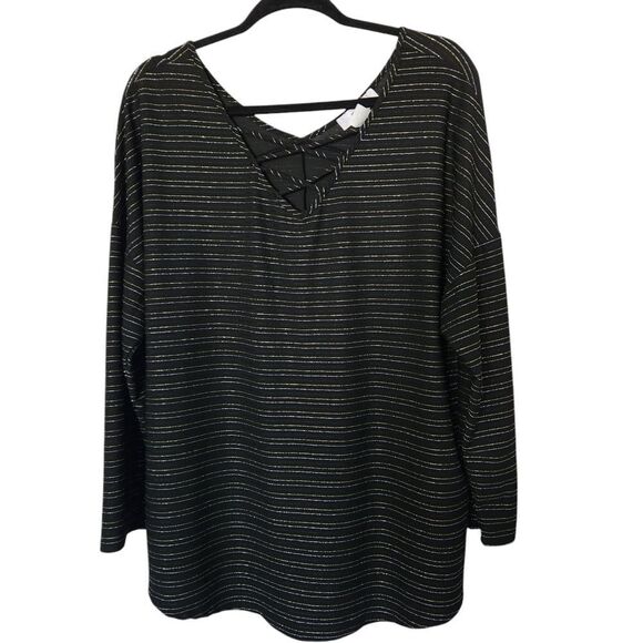 Moa Moa Womens Plus Silver Gold Black Metallic Striped V-Neck Blouse Size 2X - Picture 1 of 7